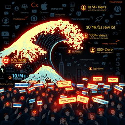 Create a vibrant digital poster featuring a dynamic wave surging across a dark, cyber-themed backdrop