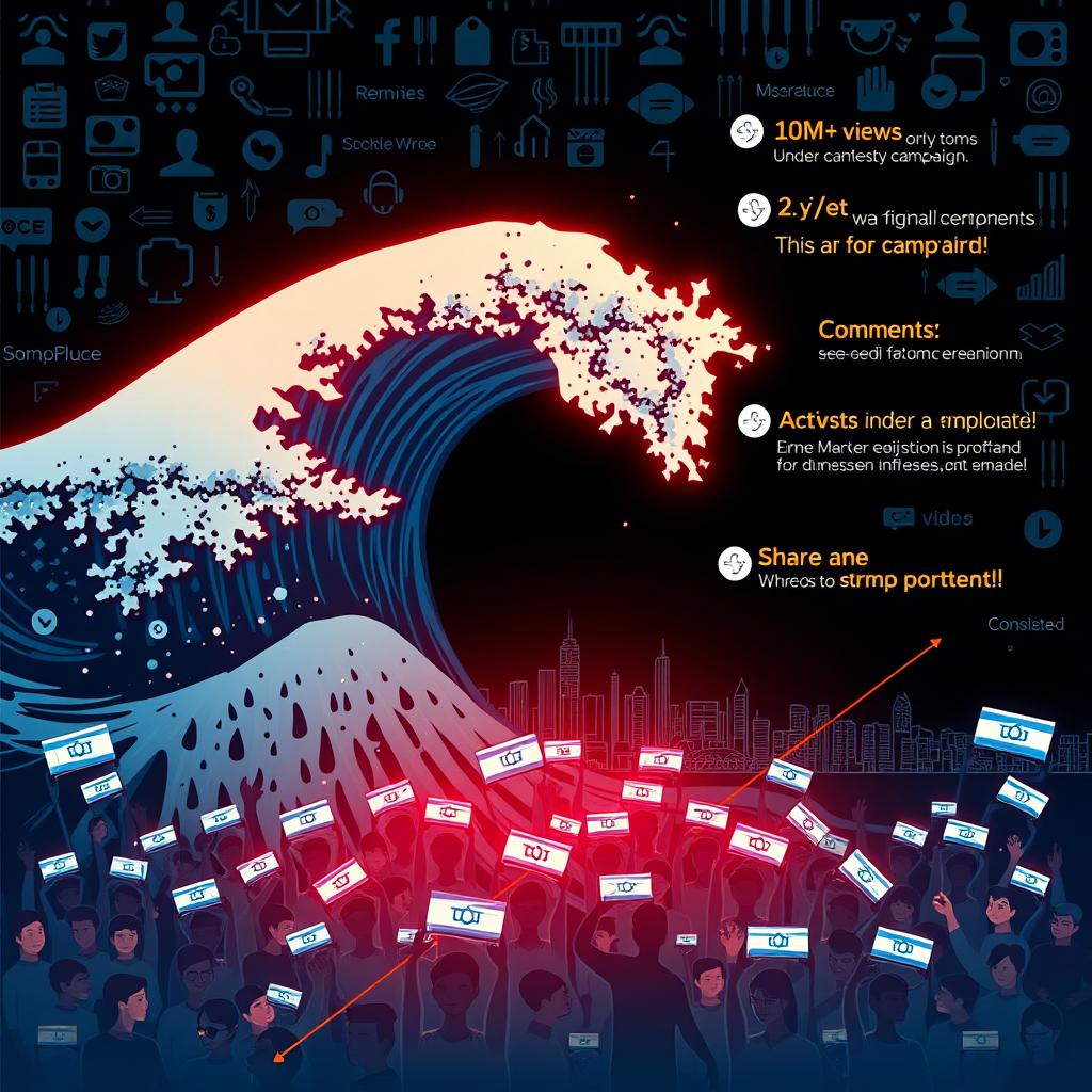 Create a vibrant digital poster featuring a dynamic wave surging across a dark, cyber-themed backdrop