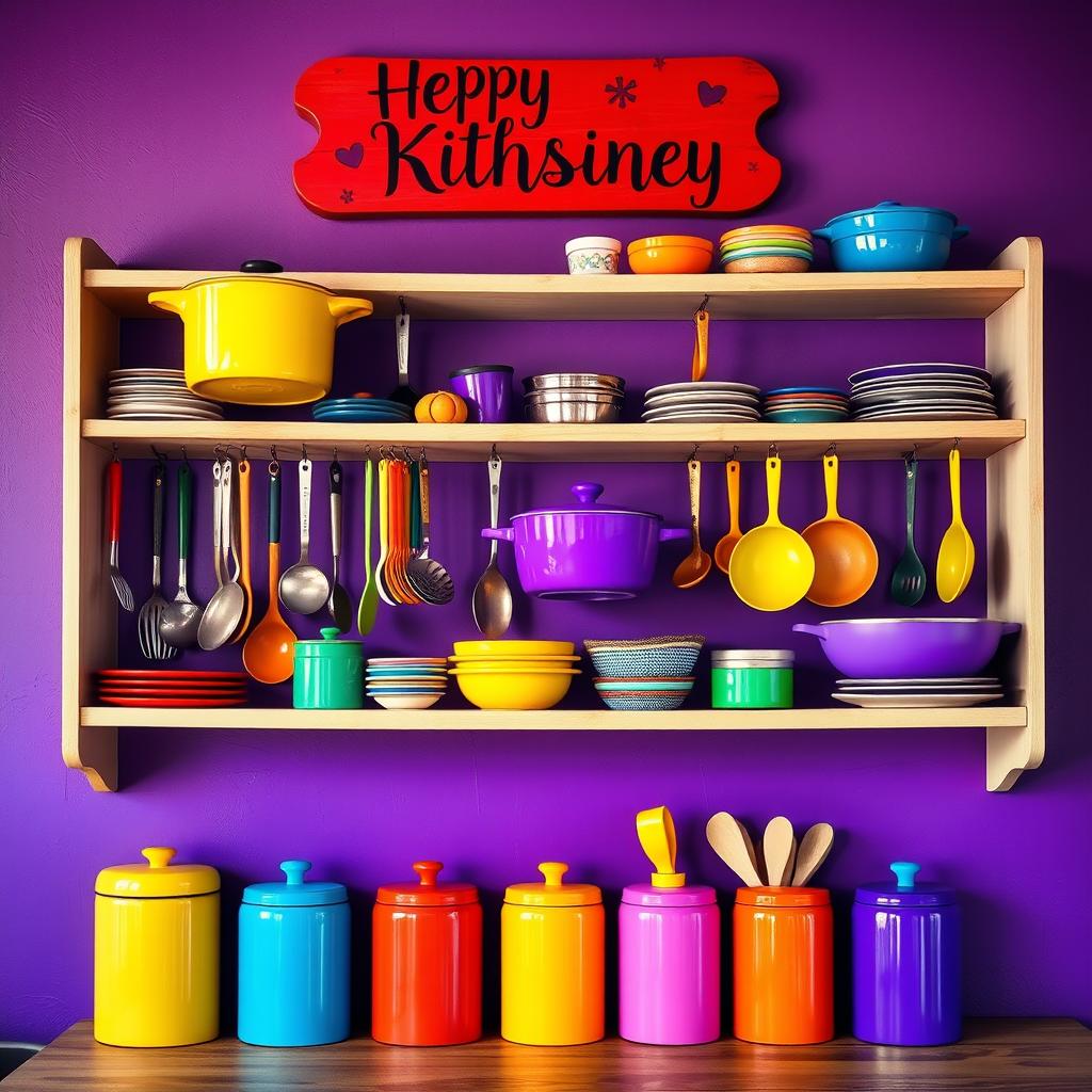 A vibrant kitchen shelf bursting with color, filled with an assortment of cooking utensils and pots