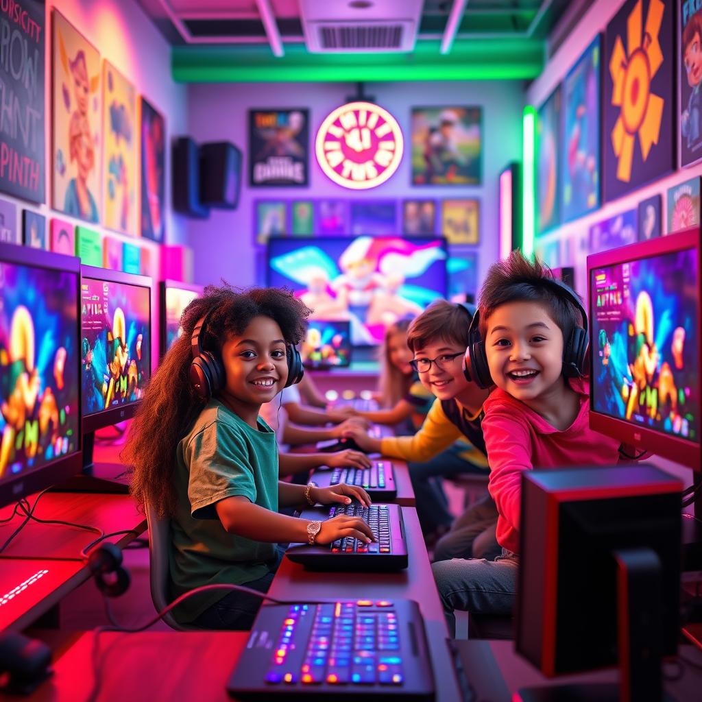 An engaging and colorful digital scene depicting a diverse group of kids joyfully playing video games on high-tech gaming PCs, surrounded by vibrant posters and gaming paraphernalia