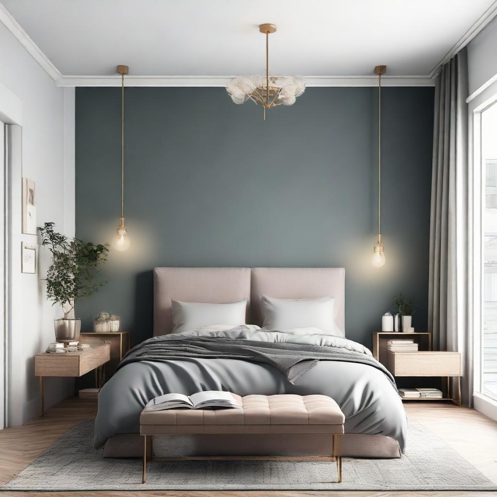 Design a cozy, stylish bedroom with dimensions of 19 x 12 ft, featuring a bed, a window, nightstands, and lamps, all harmoniously arranged to make the room feel welcoming and comfort