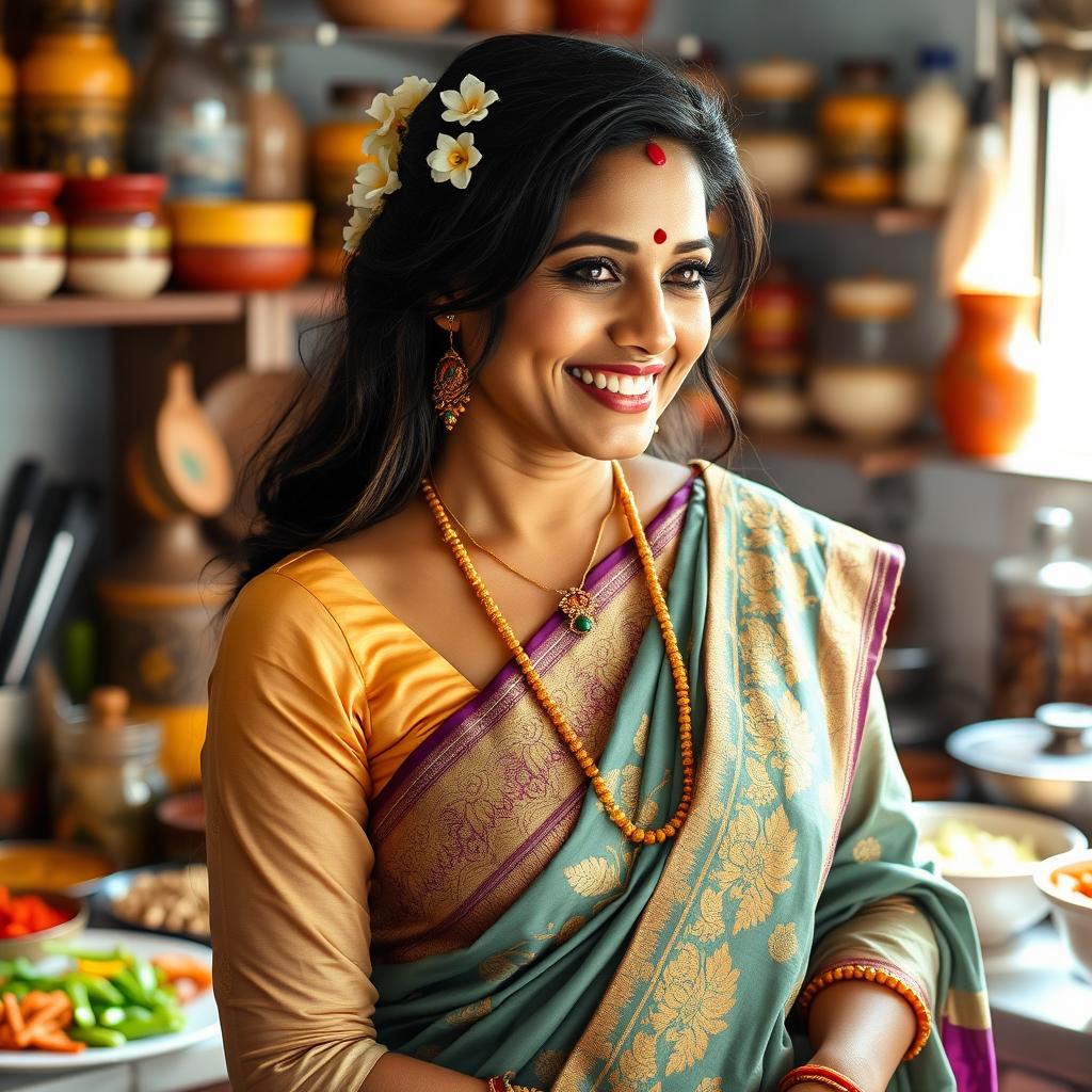 A beautiful South Indian woman, often referred to as a 'Mallu aunty', dressed in a stylish traditional sari adorned with intricate gold embroidery