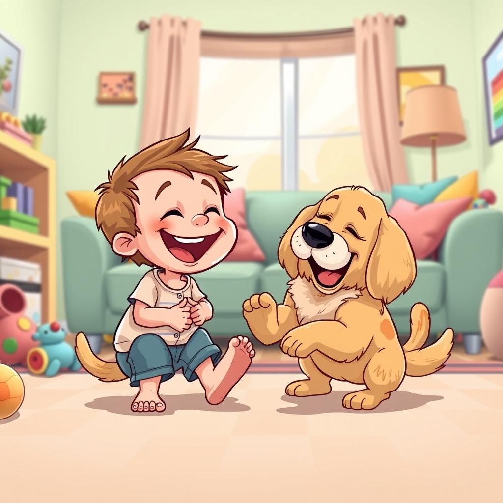 A humorous illustration depicting an exaggerated cartoon scene where a child and a playful dog share a silly moment, with the child giggling as the dog playfully licks the child’s feet