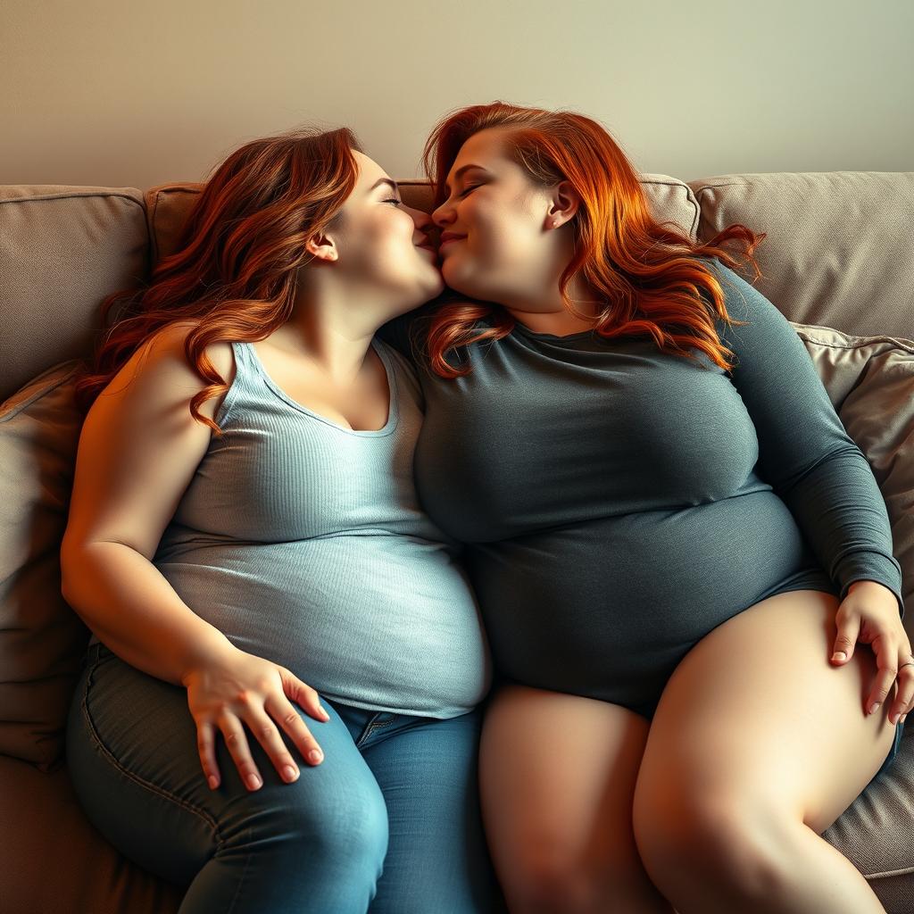 Two plus-size models with beautiful red hair, joyfully relaxing on a cozy couch, sharing a tender kiss