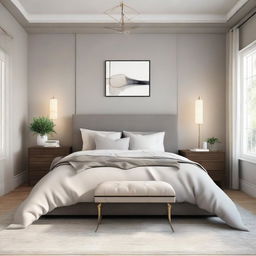 Design a cozy, stylish bedroom with dimensions of 19 x 12 ft, featuring a bed, a window, nightstands, and lamps, all harmoniously arranged to make the room feel welcoming and comfort