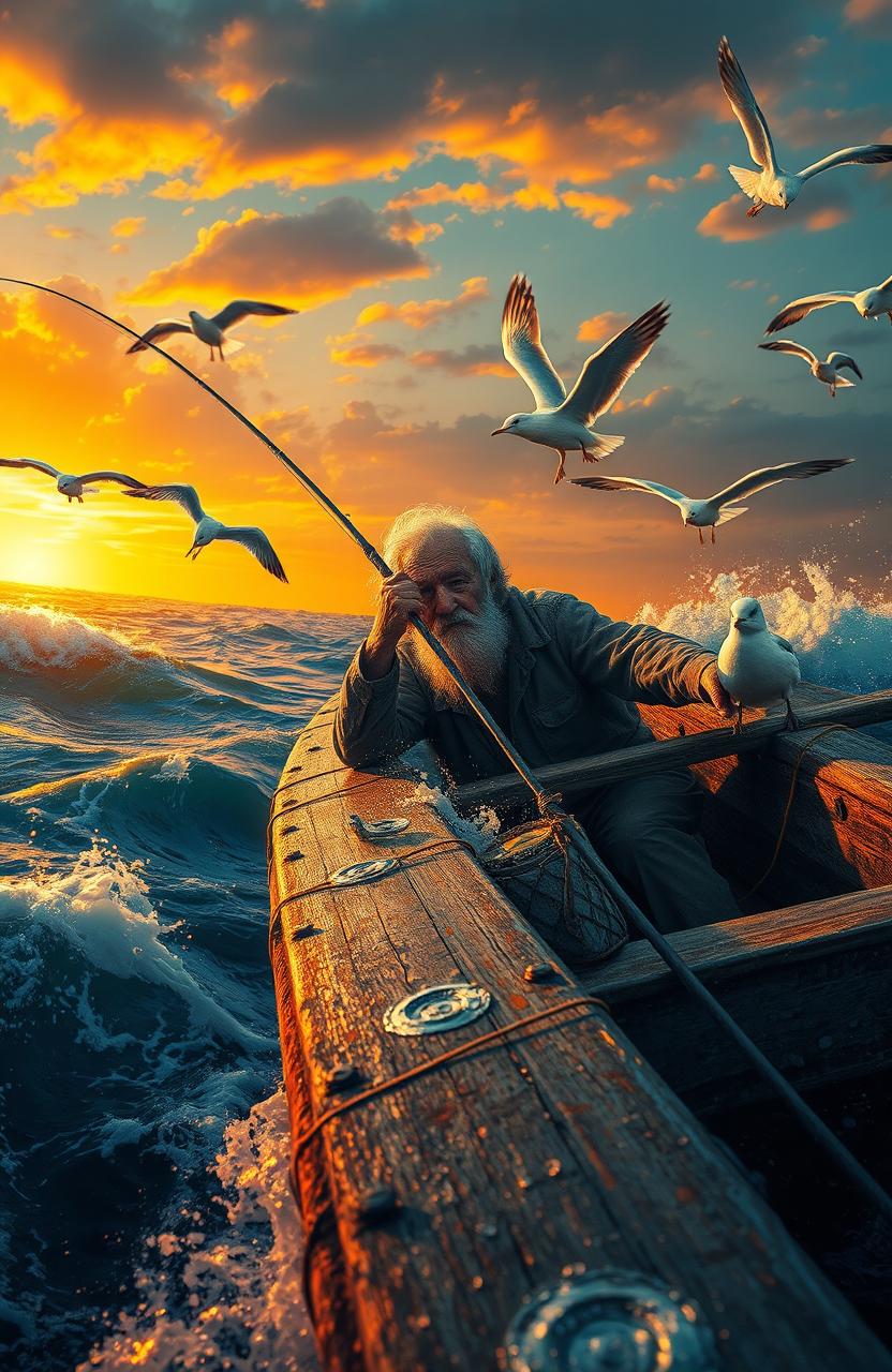 A dramatic and inspiring scene depicting an old fisherman at sea, embodying resilience and determination