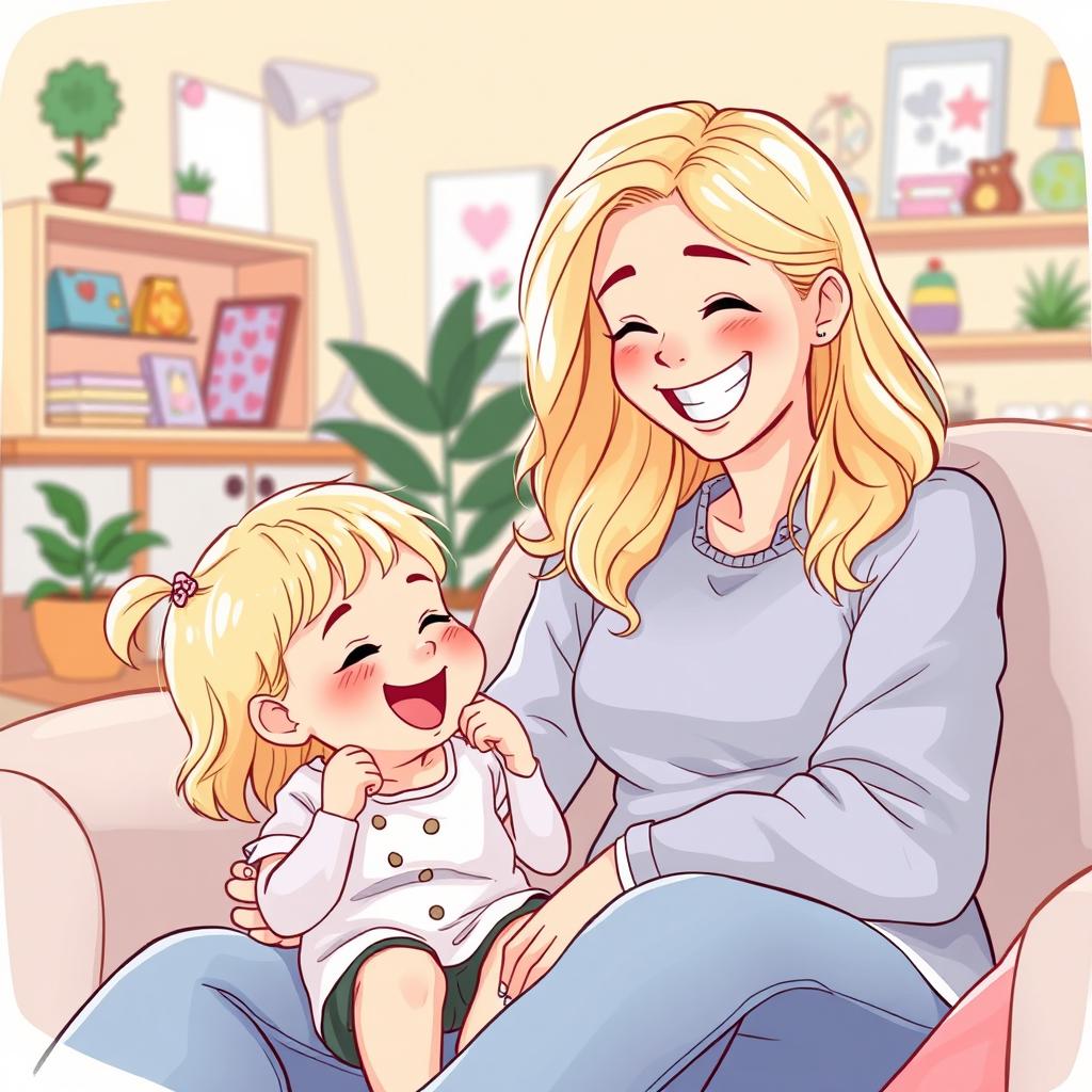 A playful and lighthearted illustration depicting a mature blonde woman and her young blonde daughter, both sharing a moment of silliness