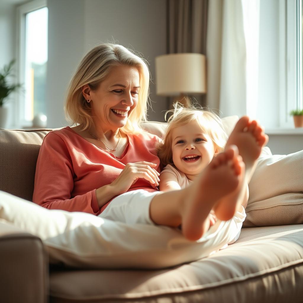 A realistic 4K image featuring a mature blonde woman and her young blonde daughter enjoying a warm and loving moment together