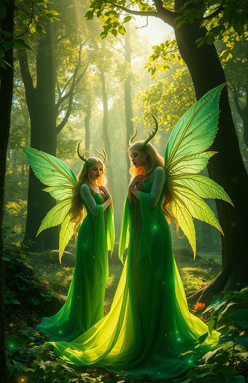 An enchanting scene featuring mythical creatures known as the Viens of Emerald, elegantly integrated into a lush, verdant forest filled with towering trees and vibrant flora