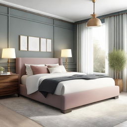 Design a cozy, stylish bedroom with dimensions of 19 x 12 ft, featuring a bed, a window, nightstands, and lamps, all harmoniously arranged to make the room feel welcoming and comfort