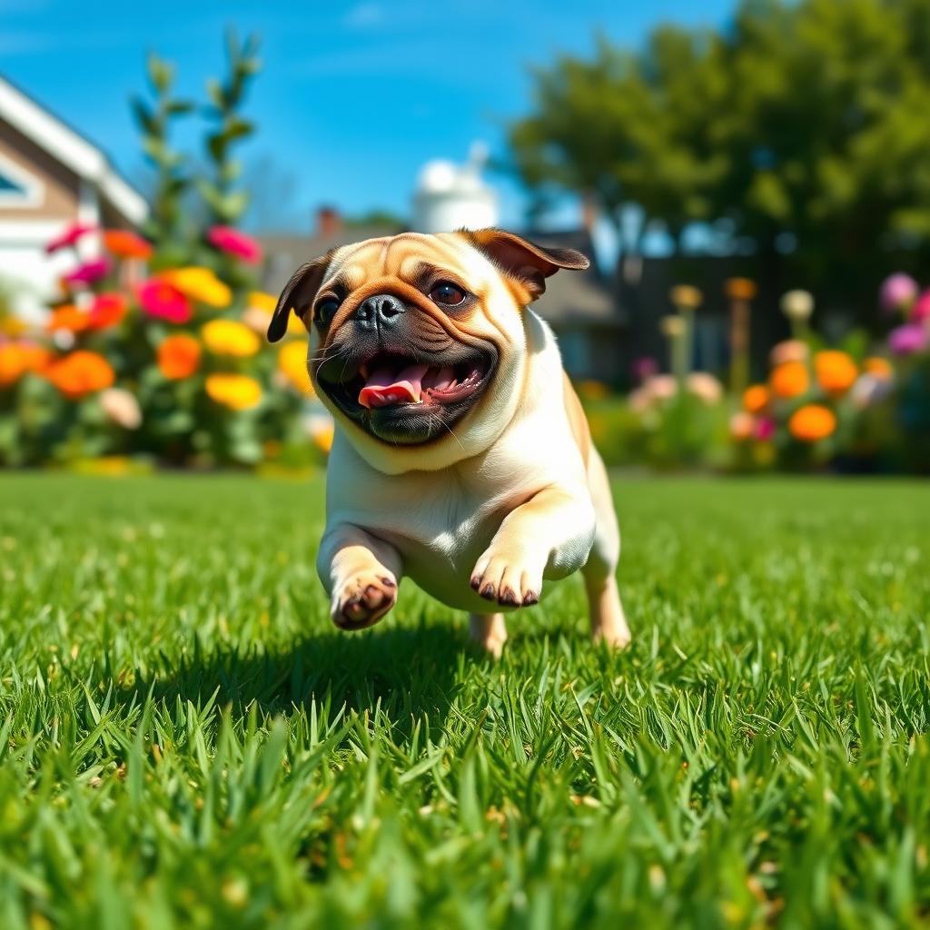 A playful pug joyfully doing zoomies across a vibrant green lawn, its small legs moving rapidly, ears flapping in the wind, and a big, happy expression on its face