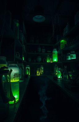 A dark and eerie laboratory filled with various jars containing preserved limbs, casting unsettling shadows