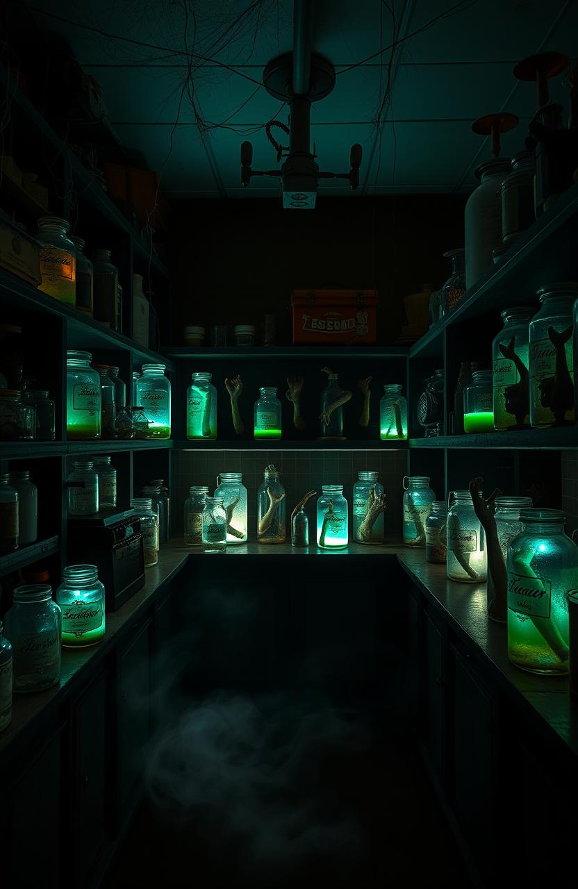 A dark and eerie laboratory filled with various jars containing preserved limbs, casting unsettling shadows