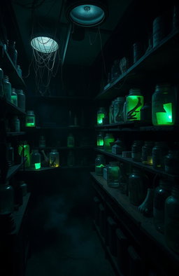 A dark and eerie laboratory filled with various jars containing preserved limbs, casting unsettling shadows