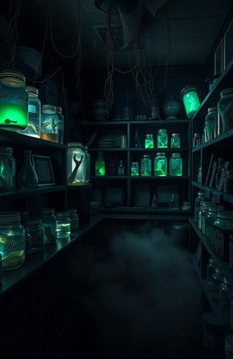 A dark and eerie laboratory filled with various jars containing preserved limbs, casting unsettling shadows