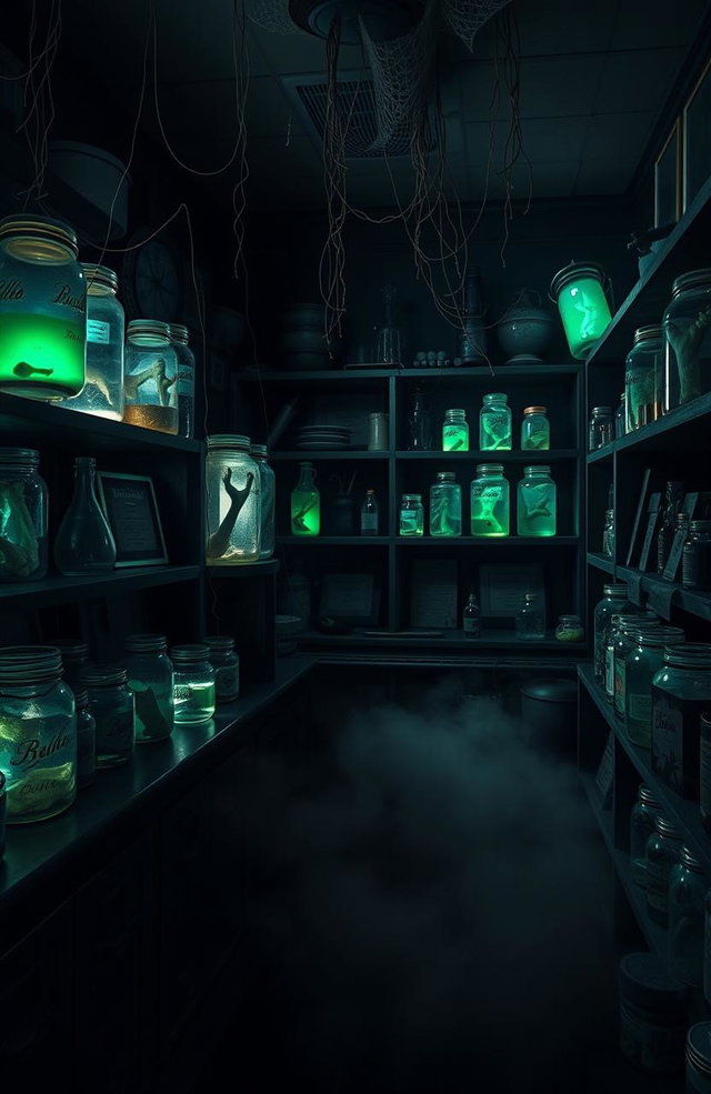A dark and eerie laboratory filled with various jars containing preserved limbs, casting unsettling shadows
