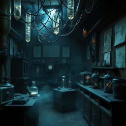 A dark laboratory titled 'The Dark Laboratory', showcasing a series of heinous experiments in progress