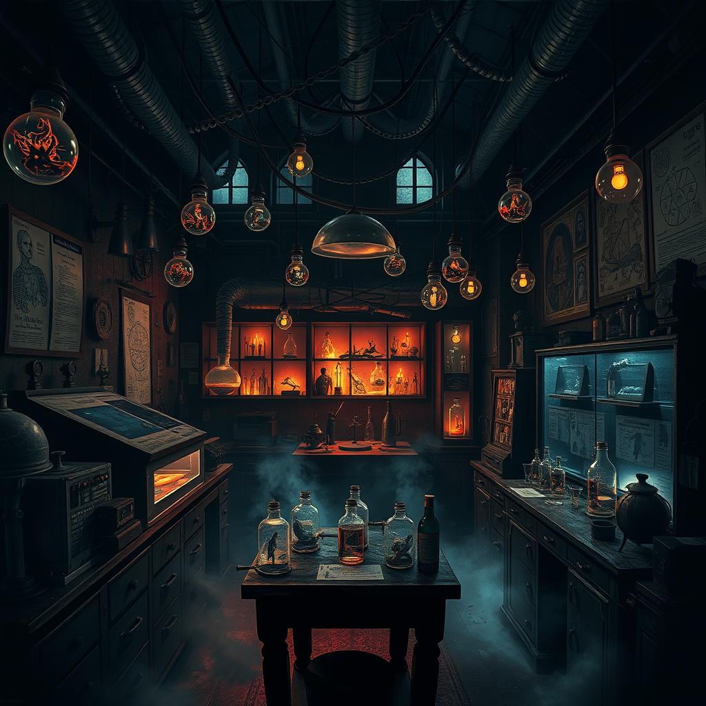 A dark laboratory titled 'The Dark Laboratory', showcasing a series of heinous experiments in progress