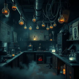 A dark laboratory titled 'The Dark Laboratory', showcasing a series of heinous experiments in progress