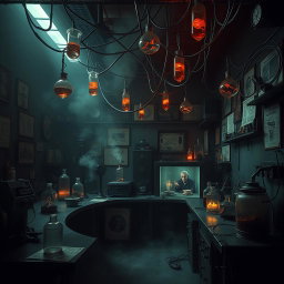 A dark laboratory titled 'The Dark Laboratory', showcasing a series of heinous experiments in progress