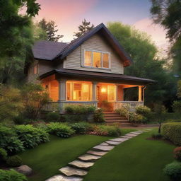 A charming, homey house nestled amidst lush greenery, illuminated by the warm glow of sunset