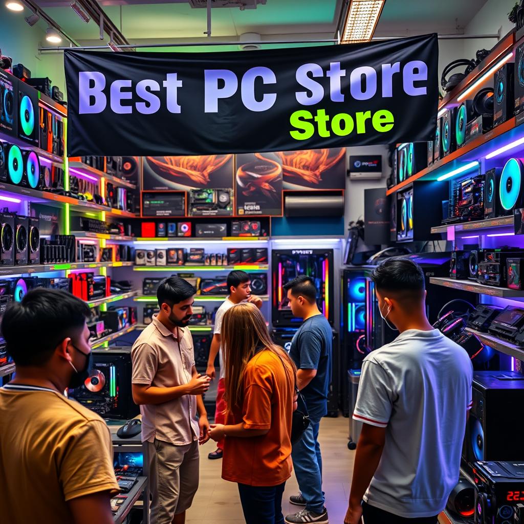 A vibrant and inviting computer parts store showcasing an impressive array of PC components