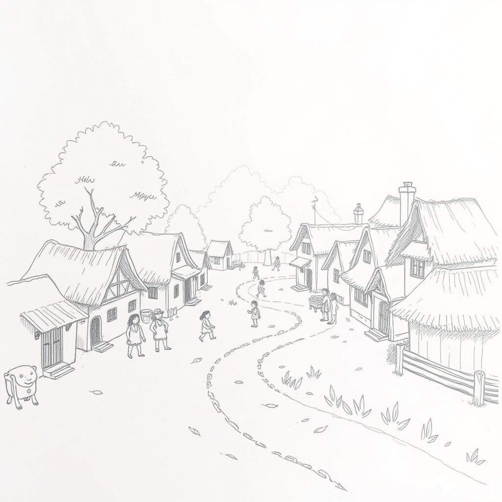 A simple yet charming sketch of a village scene, featuring quaint houses with thatched roofs, winding dirt paths, and lush trees