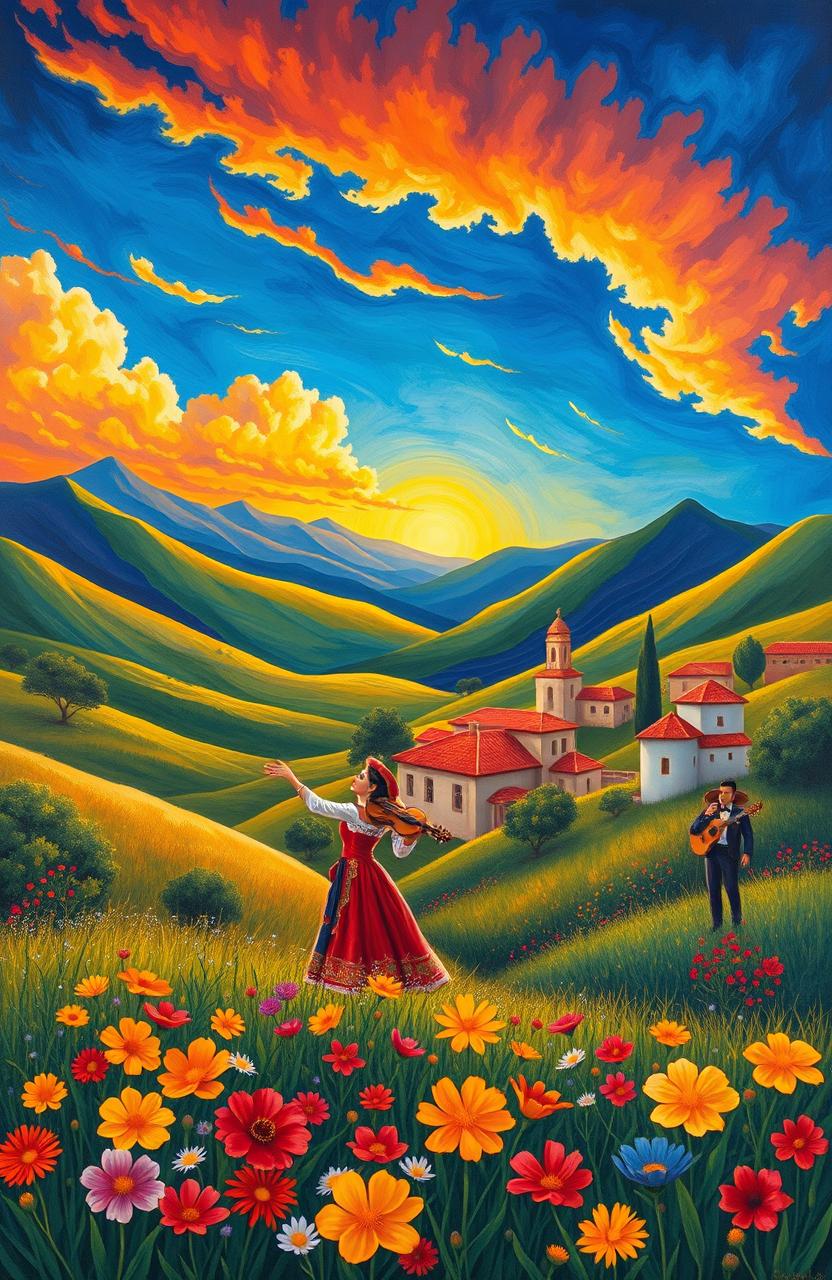 A vibrant and emotive painting in the style of Ignacio Zuloaga, depicting a scenic landscape of Mexico inspired by the song 'México lindo y querido