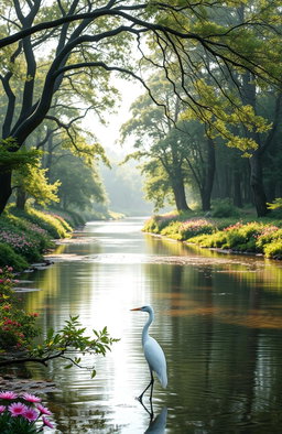A serene landscape with a tranquil river flowing through a lush green forest, colorful flowers dotting the riverbanks, and soft sunlight filtering through the branches of tall trees