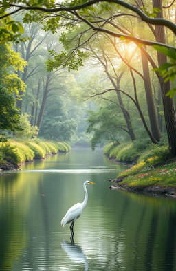 A serene landscape with a tranquil river flowing through a lush green forest, colorful flowers dotting the riverbanks, and soft sunlight filtering through the branches of tall trees
