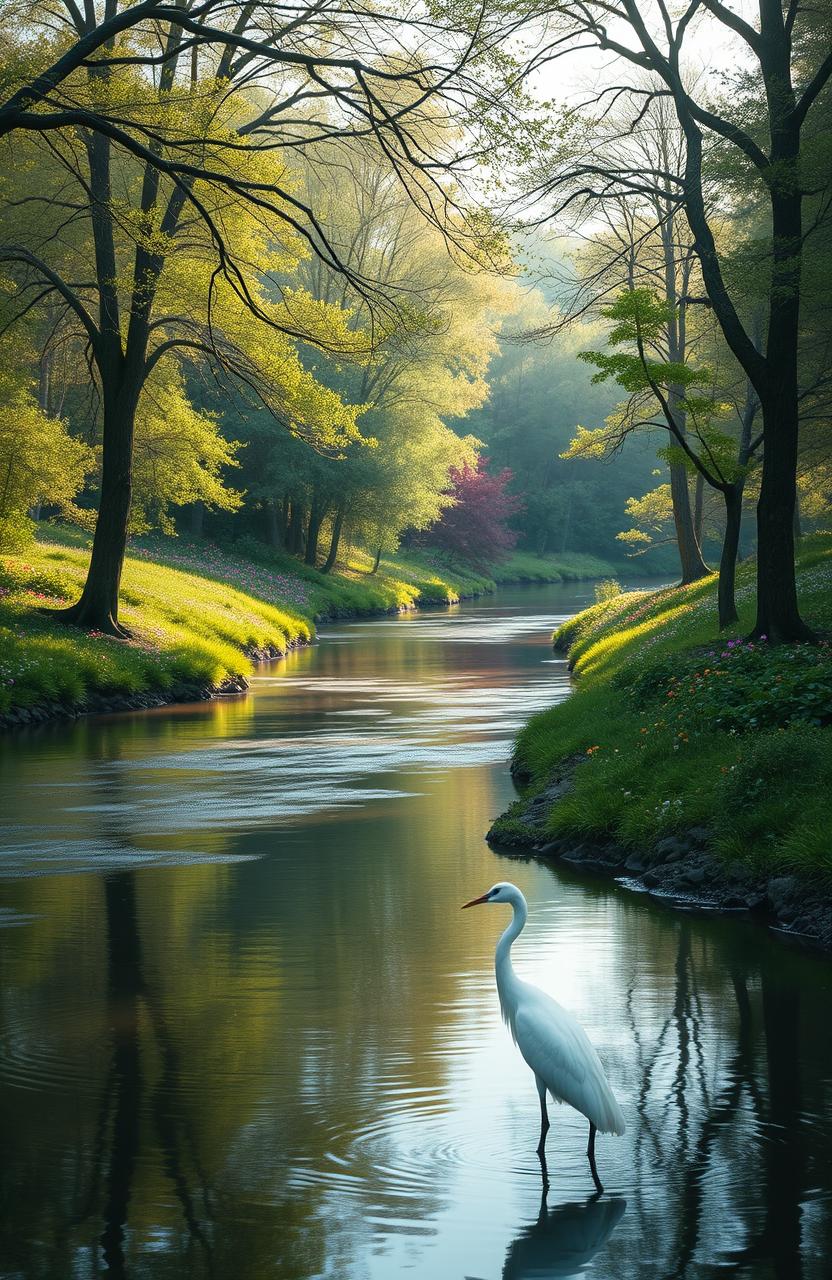 A serene landscape with a tranquil river flowing through a lush green forest, colorful flowers dotting the riverbanks, and soft sunlight filtering through the branches of tall trees