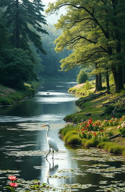 A serene landscape with a tranquil river flowing through a lush green forest, colorful flowers dotting the riverbanks, and soft sunlight filtering through the branches of tall trees