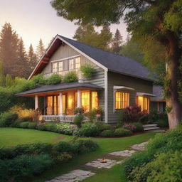 A charming, homey house nestled amidst lush greenery, illuminated by the warm glow of sunset