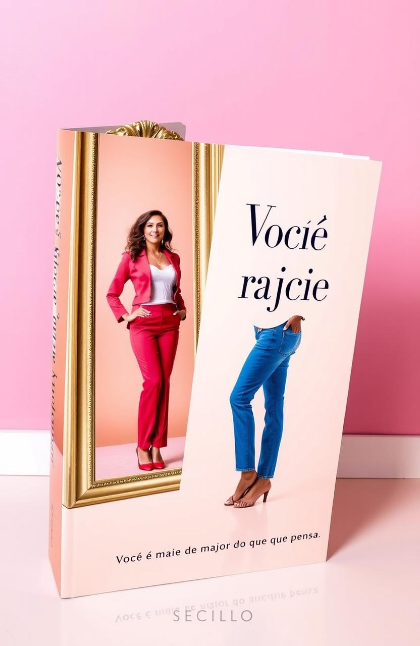 A powerful book cover depicting a full-length mirror reflecting a woman who appears small but embodies a grand presence, symbolizing the concept of hidden strength and confidence