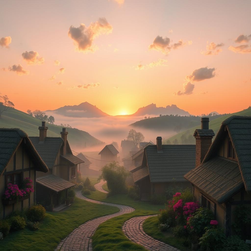 An ambiguous yet captivating scene of a quaint village, surrounded by lush green hills and a soft mist enveloping the landscape