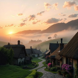 An ambiguous yet captivating scene of a quaint village, surrounded by lush green hills and a soft mist enveloping the landscape
