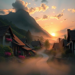 An ambiguous yet captivating scene of a quaint village, surrounded by lush green hills and a soft mist enveloping the landscape