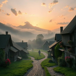 An ambiguous yet captivating scene of a quaint village, surrounded by lush green hills and a soft mist enveloping the landscape