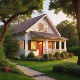 A charming, homey house nestled amidst lush greenery, illuminated by the warm glow of sunset