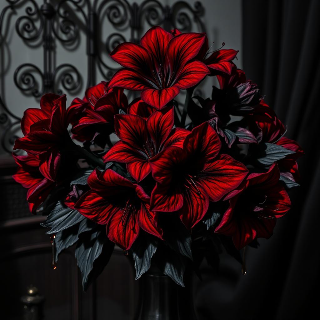 A beautiful arrangement of gothic elegance featuring dark red and black flowers with delicate petals and ominous beauty, each flower displaying blood-like droplets hanging from the tips