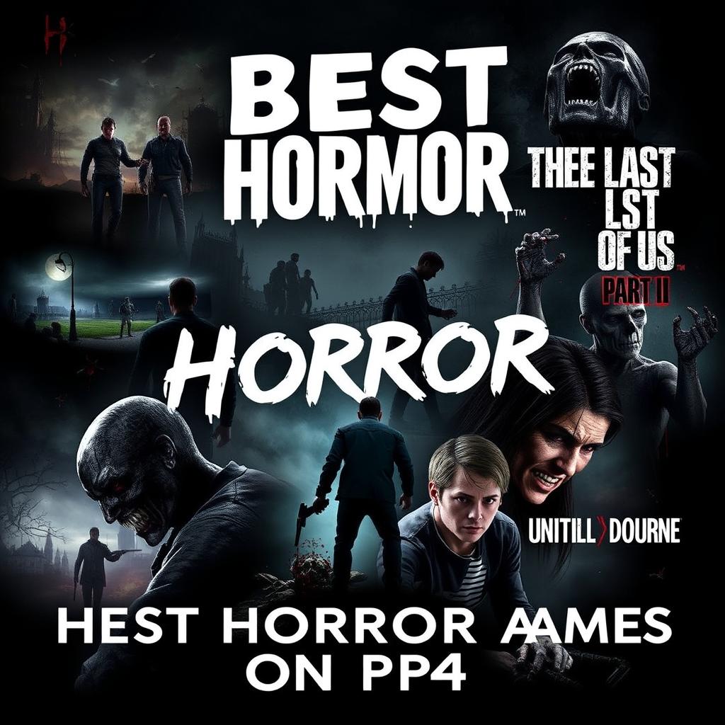 A collage celebrating the best horror video games on PS4, featuring iconic imagery from games like 'Resident Evil 2', 'The Last of Us Part II', 'Bloodborne', and 'Until Dawn'