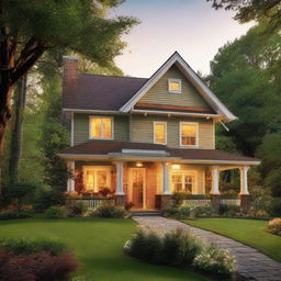 A charming, homey house nestled amidst lush greenery, illuminated by the warm glow of sunset