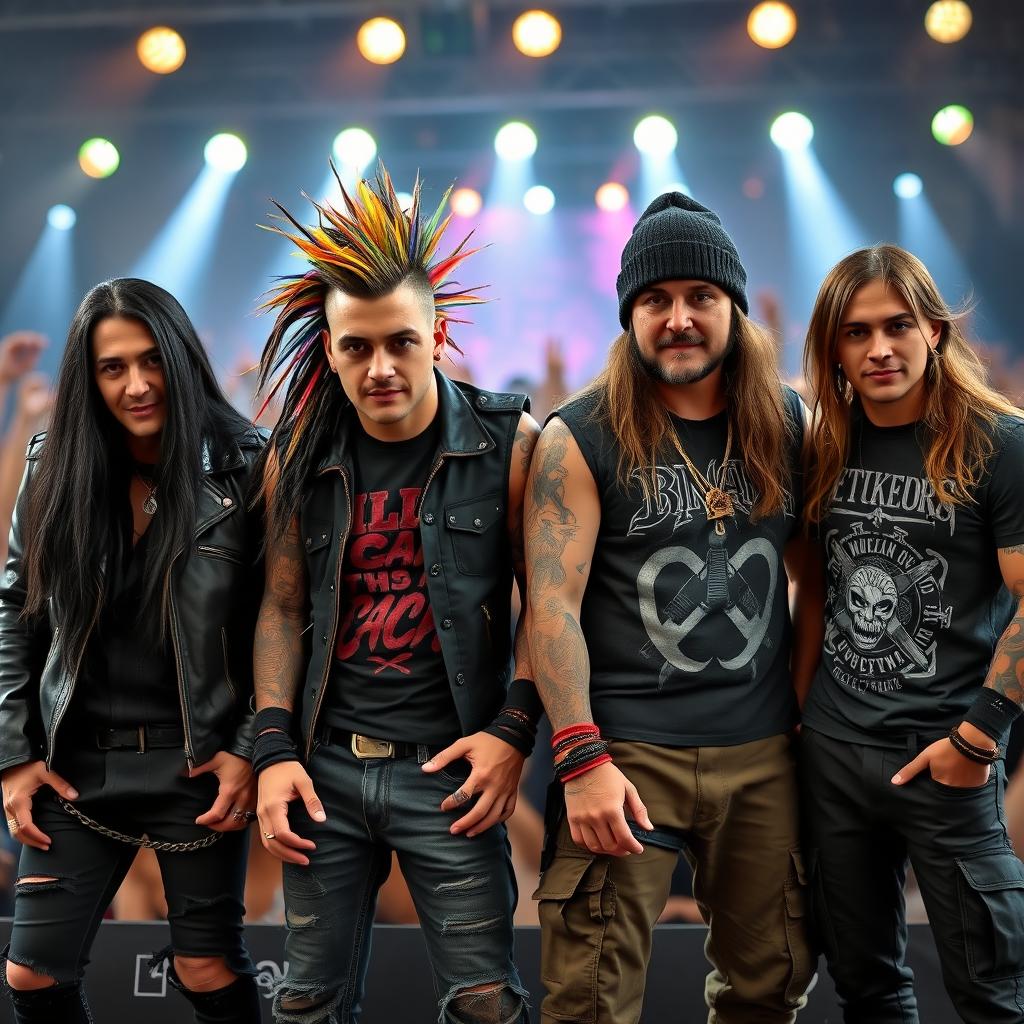 A group of four Argentinian heavy metal rockers, aged between 27 to 32 years, standing side by side and facing front