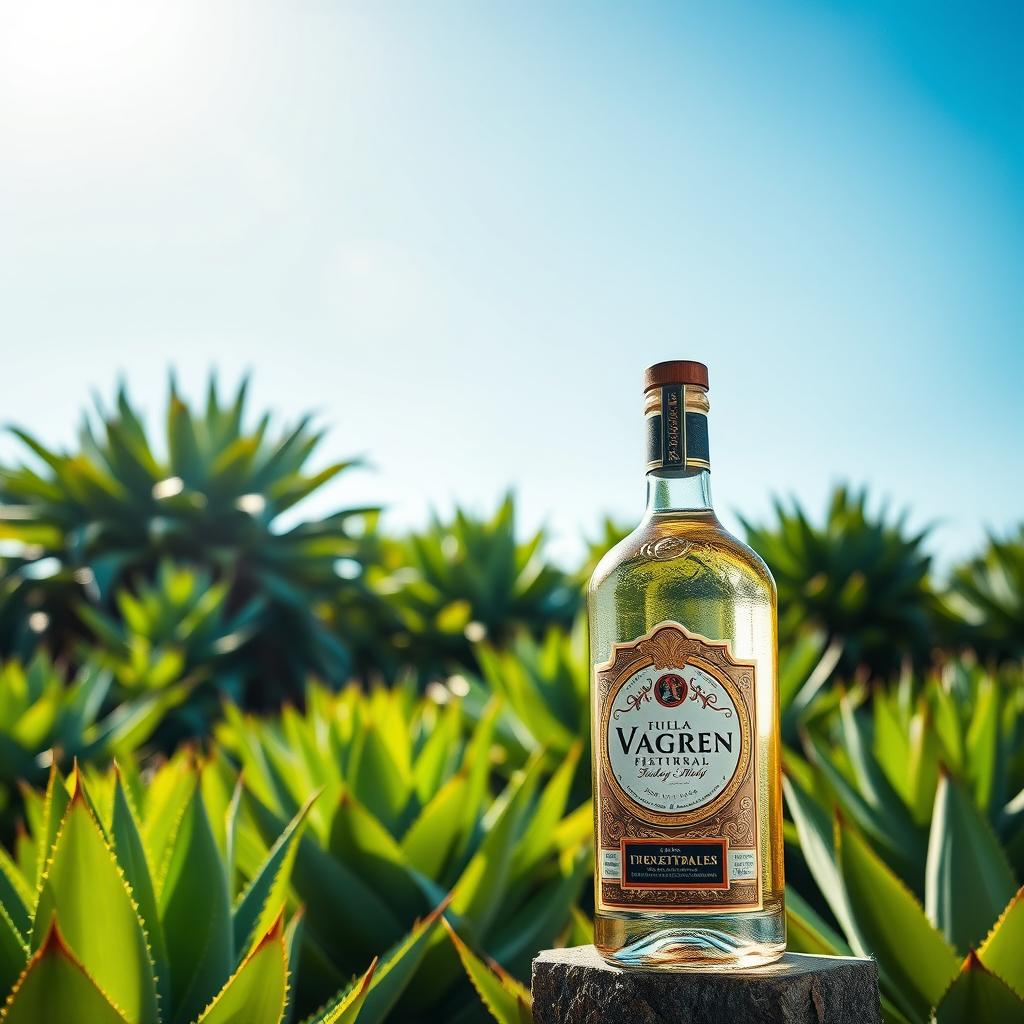 A beautifully designed bottle placed prominently in the foreground, showcasing its intricate label and elegant shape