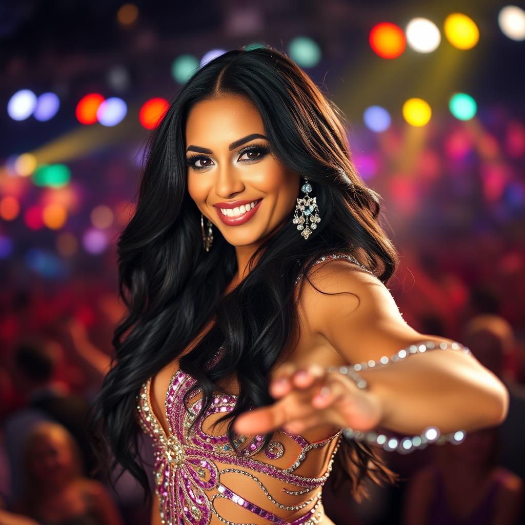 A stunning portrait of a Latin pop star in vibrant stage attire, showcasing her signature long dark hair and captivating smile