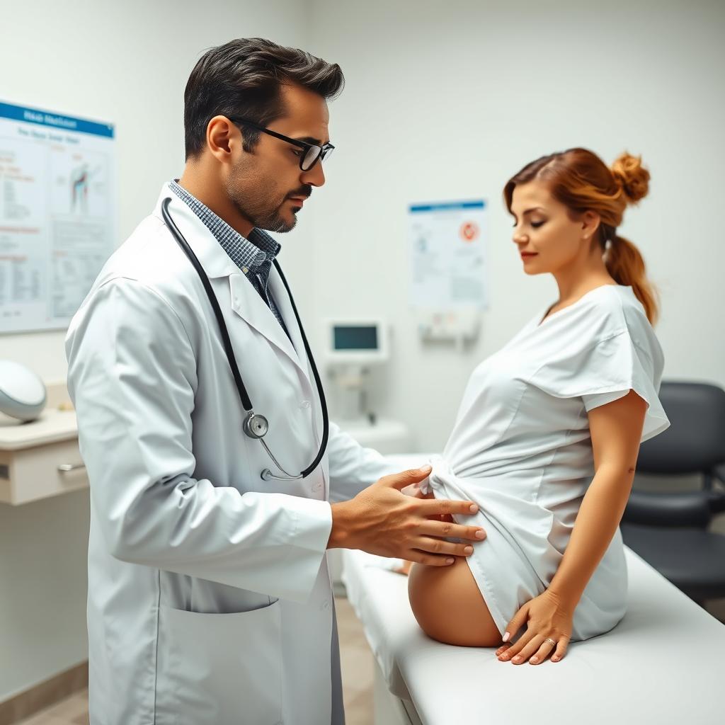 A doctor with a focused expression, wearing a white coat and stethoscope, examining the right gluteal area of a female patient in a medical room