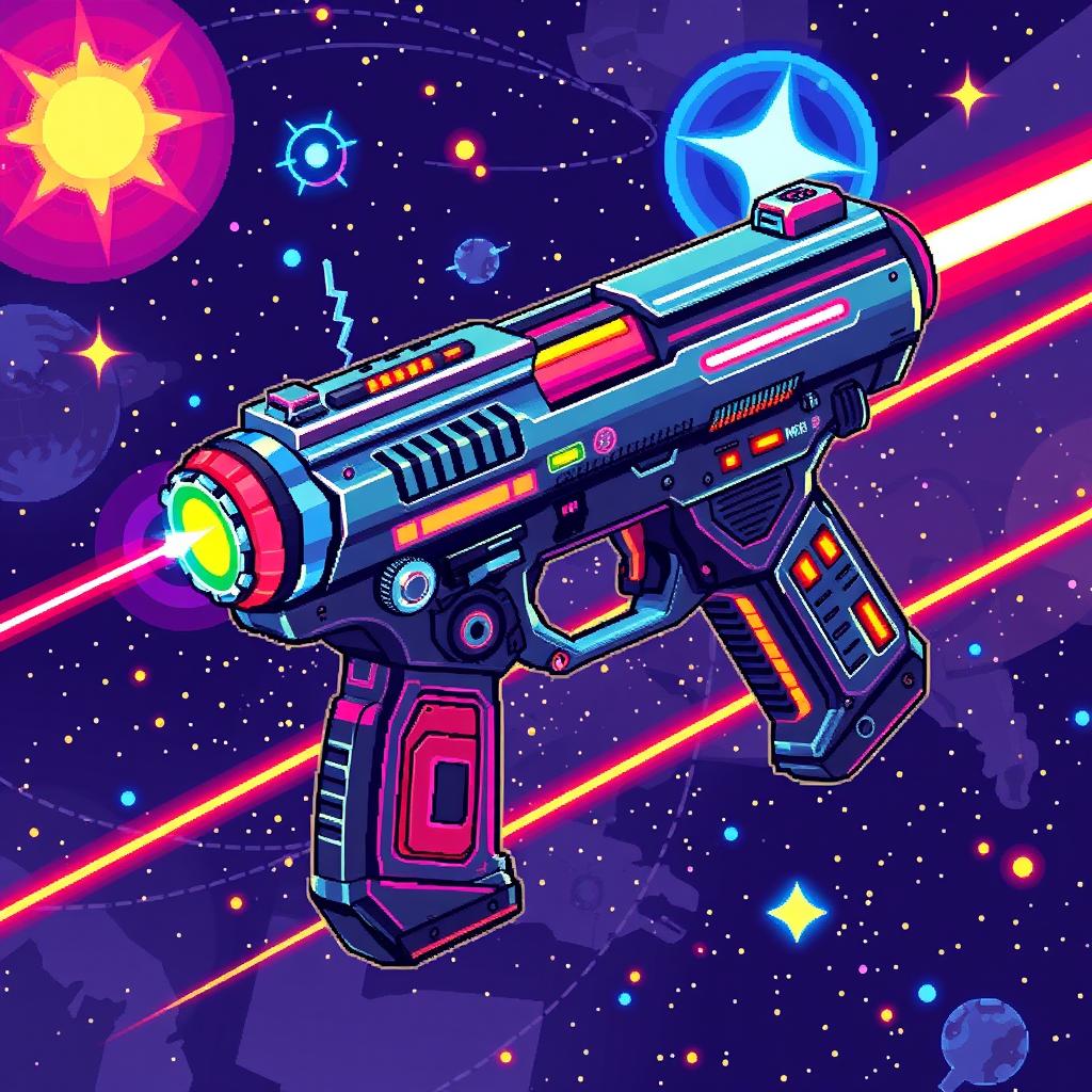 A pixel art style laser pistol, with vibrant colors and intricate pixel details, showcasing a futuristic design
