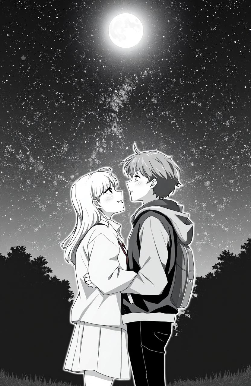 A romantic scene depicting two high school students in a tender moment under a stunning, starry night sky