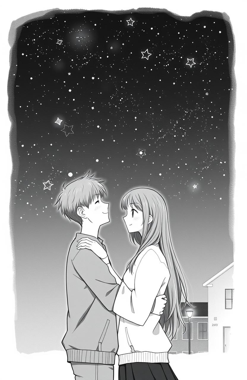 A high school couple sharing a romantic moment under a beautifully starry night sky, captured in a realistic, slightly impressionistic style