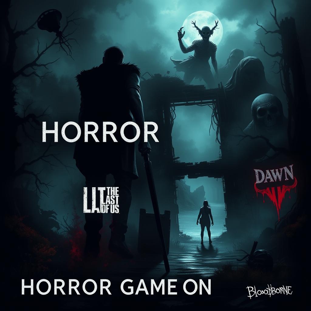 An artistic representation of the best horror video games on the PS4, featuring iconic elements from popular titles such as 'Resident Evil', 'The Last of Us', 'Until Dawn', and 'Bloodborne'